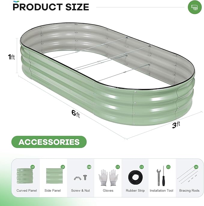 Galvanized Raised Garden Bed Outdoor 6x3x1ft Oval Metal Raised Beds for Gardening Rust-Resistant Garden Planter Box for Planting Vegetables Flowers Fruits in Backyard Lawn(Avocado Green)