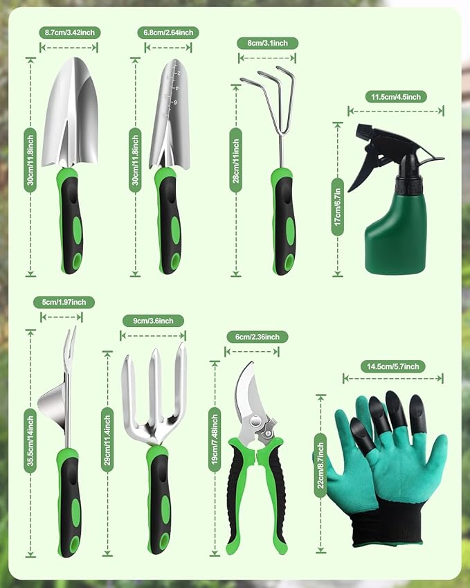 Garden Tools Set 8 in 1 Heavy Duty Garden Tools Kit Stainless Steel Ergonomic Gardening Hand Tool with Upgraded Bag Gardening Supplies Gift for Women Kid Organizer