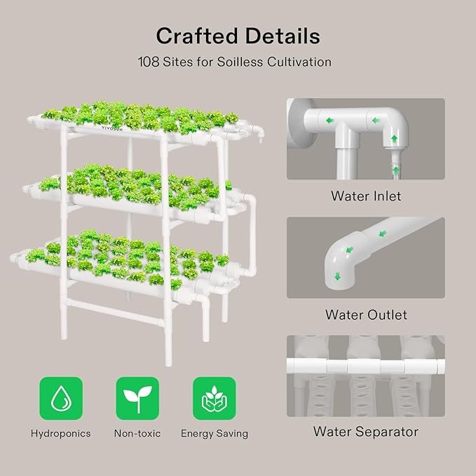 VIVOSUN Hydroponics Growing System 108 Plant Sites 3 Layers 12 Food-Grade PVC-U Pipes Gardening System Grow Kit with Water Pump Timer Nest Basket and Sponge for Leafy Vegetables