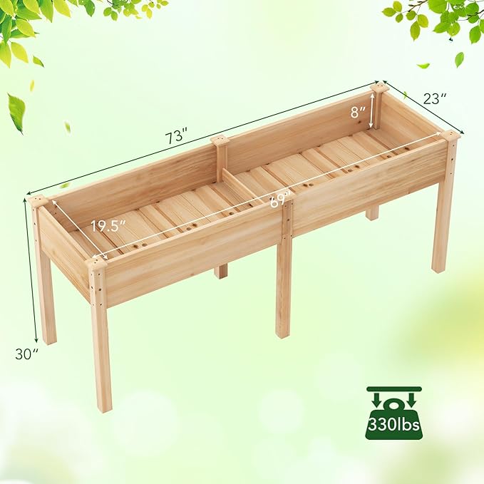 Giantex Raised Garden Bed with Legs 73x23x30 Elevated Wood Planter Box w/Divider Panel Drainage Holes Ideal for Flower Herb Vegetable Raised Garden Beds Outdoor for Gardening Backyard Patio