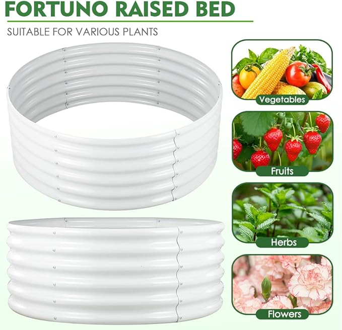 FORTUNO 2 Pcs 17 Tall 4 Ft Round Raised Garden Bed Box Galvanized Metal Outdoor High Flower Bed Steel Patio Ground Planter for Planting Vegetables and Herbs White