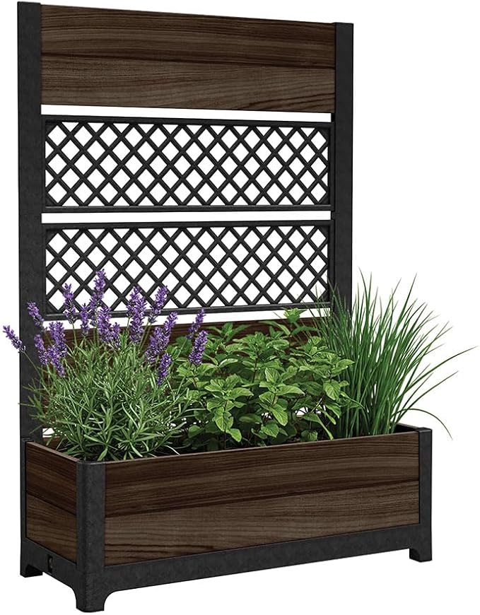 Keter Outdoor Planter Box with Privacy Screen and Trellis – 26 Gallon Raised Garden Bed for Climbing Plants &amp Flowers – Wood-Look Resin Weather-Resistant Divider for Patio Balcony &amp Backyard