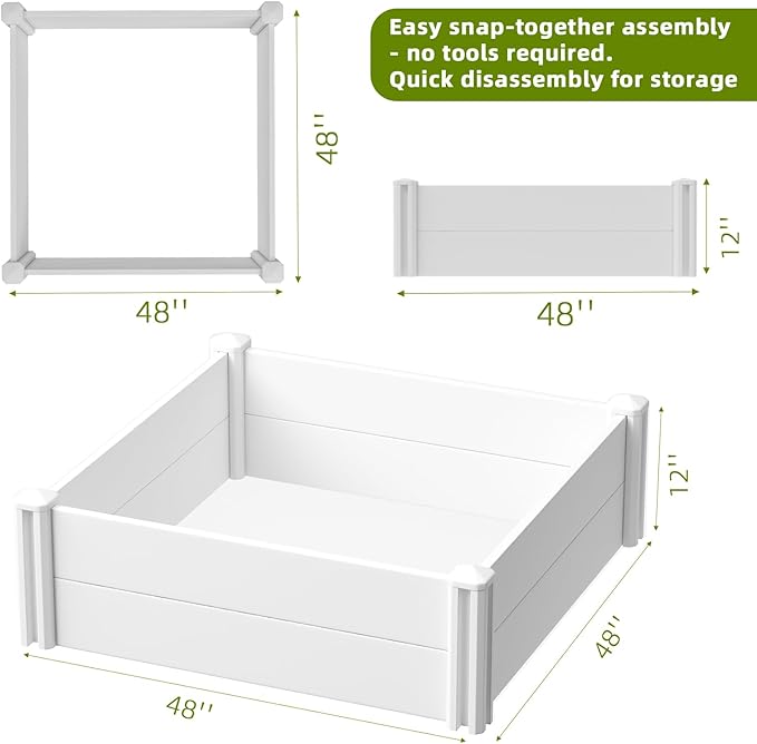 4'x4'x12 White Vinyl Raised Garden Bed Kit | Screwless Modular Planter Box | Outdoor Above Ground Bed for Vegetables Herbs Flowers &amp Whelping Pen