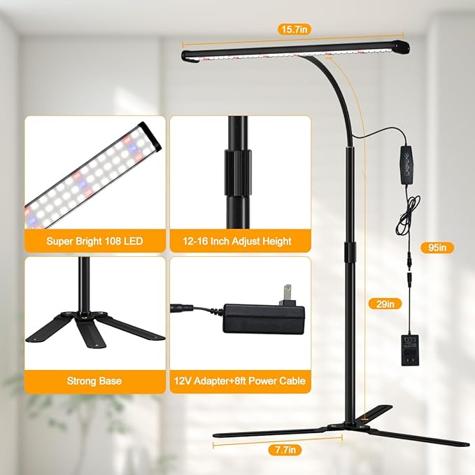 Super-Bright Grow Light for Indoor Plants 6000K 108LEDs Full Spectrum Plant Lamp with Timer 4/8/12Hrs &amp Height Extendable for Home Office Desktop Plants 12V 3A High Power Output for Faster Growt