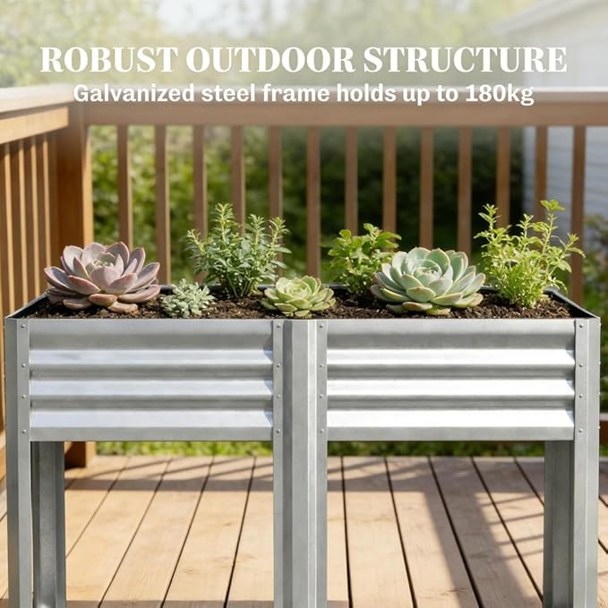 Raised Garden Bed39.6 Gal CapacityPowder-Coated Galvanized Steel Supporting Up to 396 lbsIncludes a Bottom Shelf6 Legsfor Backyard Patio Balcony
