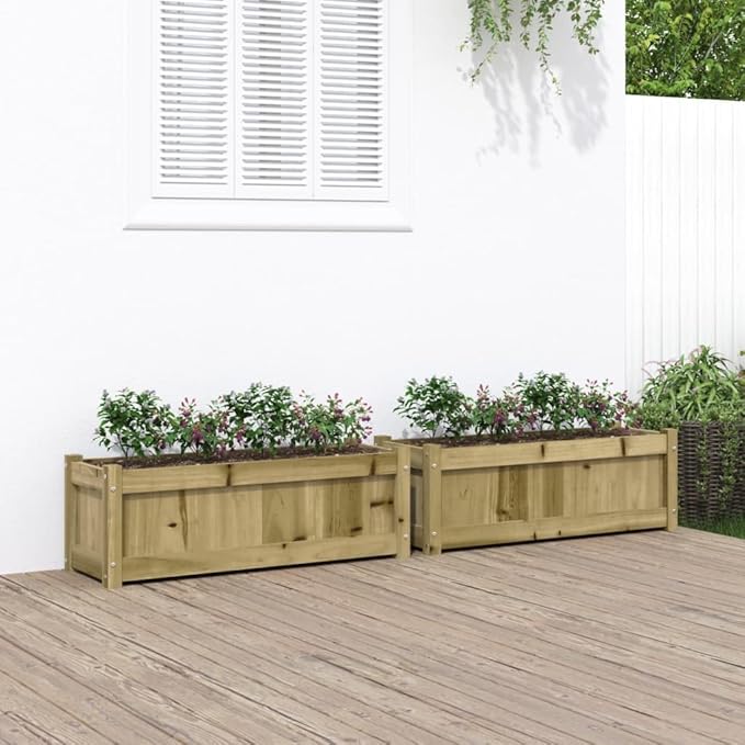 Garden Planter Set of 2 Natural Wood Finish Fence Steel Baskets Landscape Galvanized Outdoor Solid Pine Wood