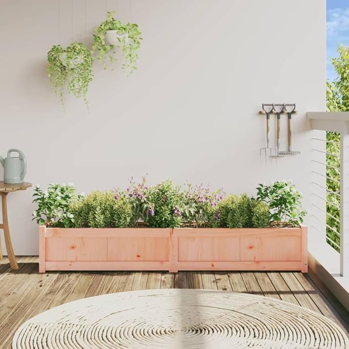 Large Rustic Wooden Garden Planter Solid Douglas Fir Wood 70.9x70.9x12.2 inch Rectangular Outdoor Raised Garden Bed for Patio Deck Balcony