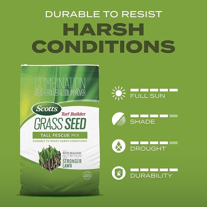 Scotts Turf Builder Grass Seed Tall Fescue Mix with Fertilizer and Soil Improver Resists Harsh Conditions 5.6 lbs.