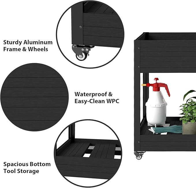 mondaria Mobile Raised Garden Bed 48x24x34 Elevated Planter with Lockable Wheels Wood Plastic Composite Standing Garden Container for Backyard PatioBlack