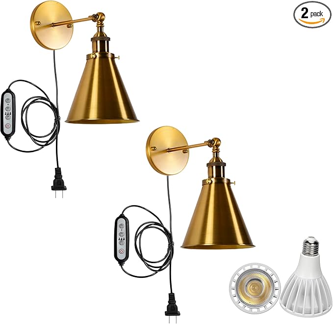 2-Pack Hook Mounted Plant Light Full Spectrum 6000K 25W White Light Timing Plug in Cord Vintage Gold Wall Lamp for Indoor Plants Flowers Growing
