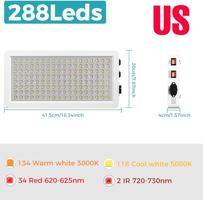 2pcs 500W LED Plant Lamps Warm White Light Full Spectrum 288Leds Grow Lights Veg/Bloom Modes Dimmable Sunlight Greenhouse Hydroponics 100-277V Indoor IR Flower Cultivation Lighting with Hook US Plug
