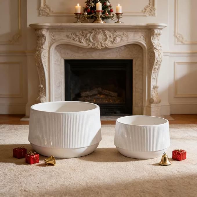 Handmade Ceramic Planter Set of 2 11 8 Diameter White with Vertical Ridges for Aquatic Plants IndoorOutdoor Shelf Table Use Breathable Non Porous Clay