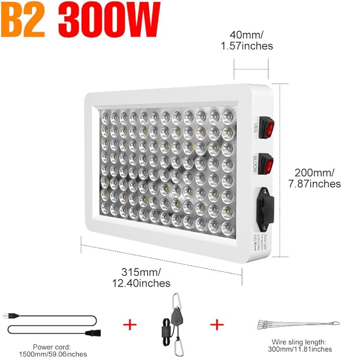 300W LED Plant Gorwing Light Full Spectrum Planting Panel Lamps Veg/Bloom 2Modes AC100-277V Indoor Seed Fill Lamp Red Blue Potted Vegetables UV IR Greenhouse Tent Hydroponic Lighting with Hook US Plug