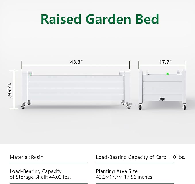 Vixzen Raised Garden Bed with Wheels OutdoorResin Weatherproof Planter Box with Drain Hole and Water Level Detectorfor Planting Plants Vegetables(Ashen 43.31 * 17.72 * 17.56)