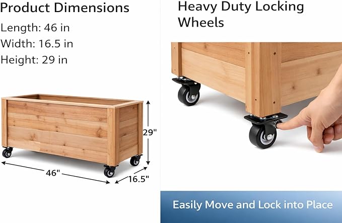 Tall Cedar Planter Box with Locking Wheels – Mobile Raised Garden Bed for Patio Balcony &amp Business Entrances – Wooden Planter with Brakes for Flowers Herb &amp Vegetable Plants