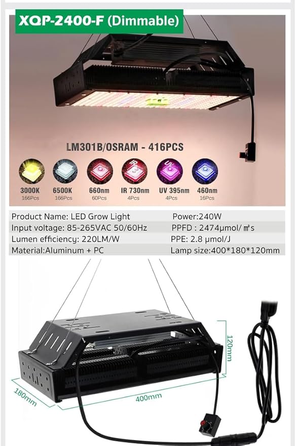 LED Grow Lights Full Spectrum Hanging Grow Lights for Indoor Plants 240W UV-IR Full Spectrum Led Grow Light for Seedling Veg and Bloom for Seedling Veg and Bloom