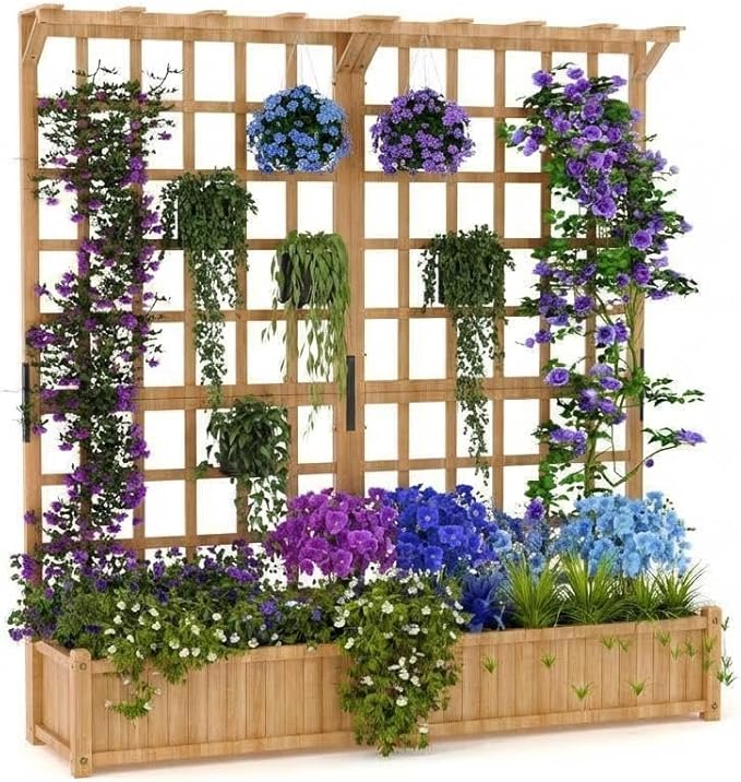Two-Tier Wooden Planter Box with Trellis for Outdoor Gardens Elevated Raised Bed for Flowers and Vegetables 1.4Ft Deep Planter with Hanging Roof &amp Drainage Holes