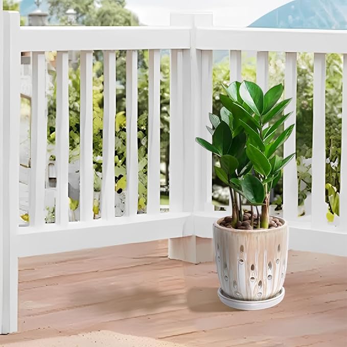 Handmade Ceramic Planter Set of 2 8 6 Diameter Beige with Vertical Stripes Oval Holes for Orchids Herbs IndoorOutdoor Shelf Table Use Breathable Clay