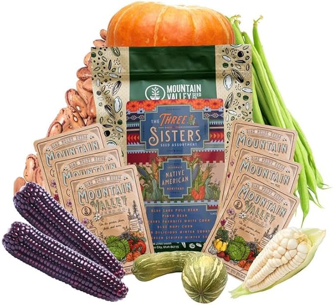 The Three Sisters Seed Assortment – 6 Pack Heirloom Corn Beans &amp Squash – Blue Hopi Trucker’s Favorite Blue Lake Pinto Golden Delicious &amp Cushaw – Non-GMO Traditional Garden Mix