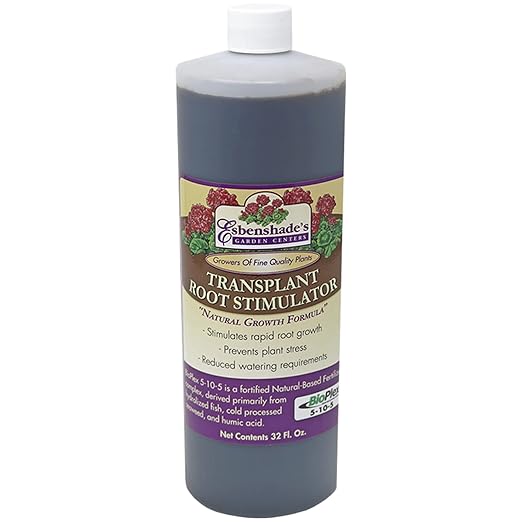 Esbenshade’s Transplant Root Stimulator 5-10-5 Fertilizer 32oz - Liquid Fertilizer with Seaweed Fish &amp Humic Acid - Reduces Transplant Shock Promotes Root Growth - for Flowers Vegetables &amp