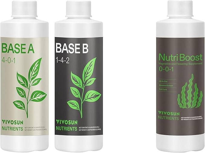 VIVOSUN Plant Food Nutrients Base A(4-0-1) &amp B(1-4-2) Bundle and NutriBoost (0-0-1) All-Purpose Liquid Fertilizer for All Growing Stages All-in-One Concentrated Additive for Vegetables Flowers