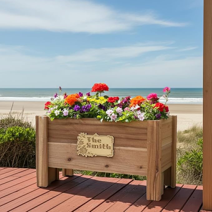 Personalized Cedar Raised Planter Box – Custom Plaque Plate Engraved Garden Bed for Vegetables &amp Flowers Handmade in USA