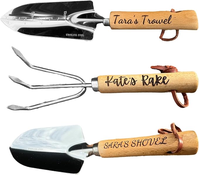 Personalized Garden Tools Set with Wooden Handles 3-Piece Set with Trowel Rake and Shovel Custom Engraved Gardening Gift for Mom Wife Grandmother - Includes Shovel Rake &amp Trowel Complete Se