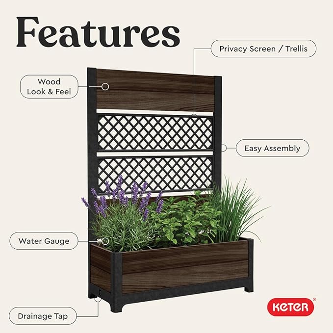 Keter Outdoor Planter Box with Privacy Screen and Trellis – 26 Gallon Raised Garden Bed for Climbing Plants &amp Flowers – Wood-Look Resin Weather-Resistant Divider for Patio Balcony &amp Backyard