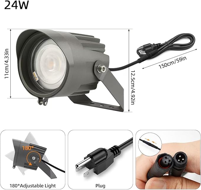 Led Landscape Outdoor Spot Light with Anti-glare Cap - Heavy Duty Waterproof IP67 120V Accent Light 270⁰ Adjustable Mount 3000K Thickened Aluminum Spotlight for Bldg Yard Garden Tree (24 Watts)