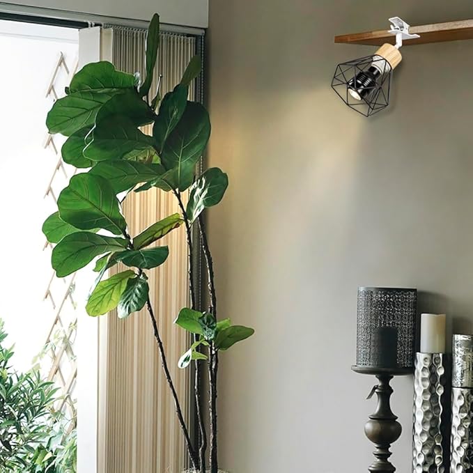 Clip Mount 5.9Ft Plug in Timing Cord Plant Light Full Spectrum 4500K 10W Wood Base Black Metal Hollow Cage Shade Adjusted Angle Vintage Clamp Light for Indoor Plants