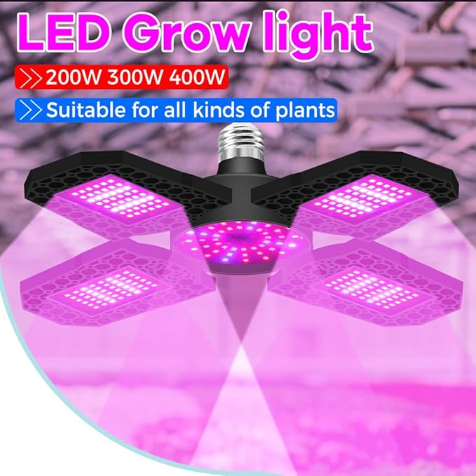 2Pack 500W Deformable Plant Light E27/E26 LED Greenhouse Hydroponic Luminaires 90-260V Indoor Plant Lamps 4 Adjustable Panels Red-Blue Spectrum for Succulent Cactus Cultivation Growth Box Fill Lights