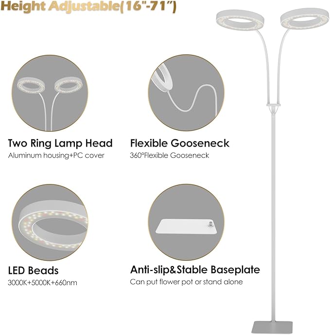 GLOWRIUM Grow Lights for Indoor Plants Full Spectrum LED Grow Light Floor Lamp with Stand Adjustable Height and Angle Black Plant Light with 3/9/12H Grow Light Timer (White 36W)