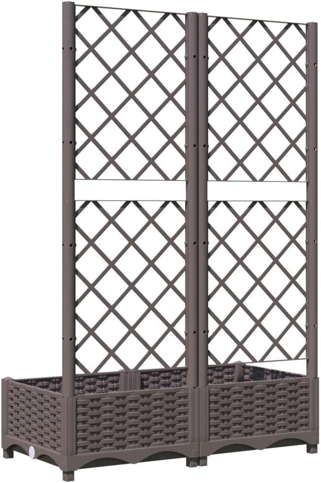 Large Outdoor Raised Planter with Trellis 31.5x15.7x47.8 Brown Polypropylene Elevated Garden Box for Climbing Plants Modern Matte Patio Trough for Balcony Terrace and Yard