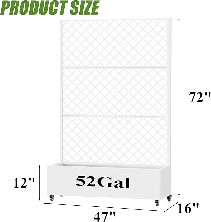 Casaphoria Metal Raised Garden Bed with Trellis and Wheels 72x47x16 Arched Planter Box for Climbing Plants Vegetables &amp Vines Features Drainage Holes and Privacy Screen White-Rhombus