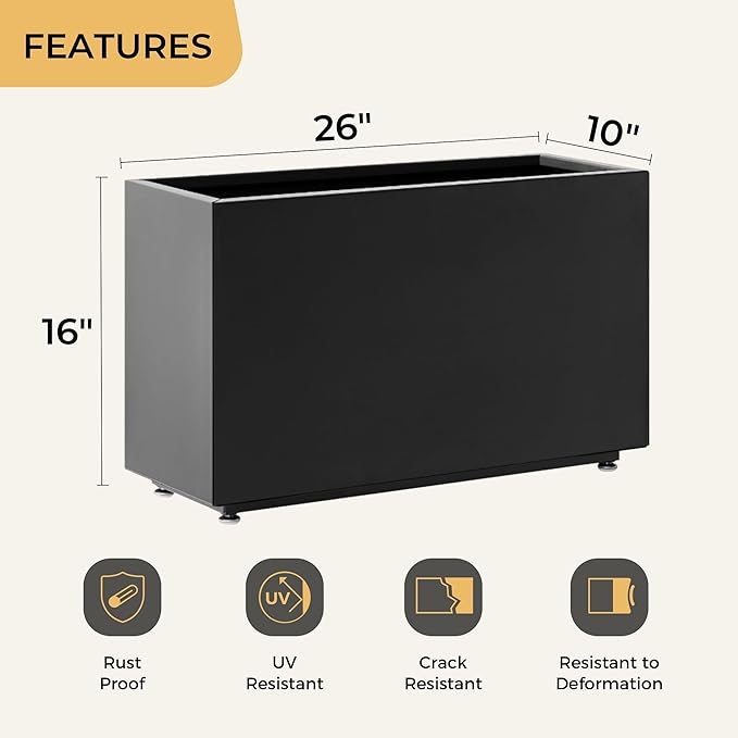 16-Inch Tall Metal Planter Raised Garden Bed 26Wx10Dx16H Planter Box for Plants Vegetables &amp Vines Features Drainage Holes &amp Adjustable Feet Easy Assembly Black