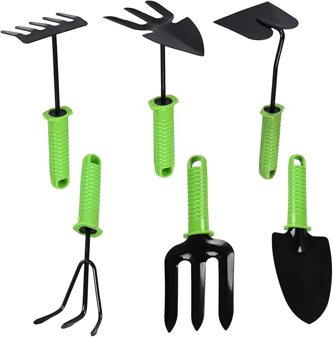RK_Enterprises 6 Pcs Garden Tools Set (Hand Fork Trowel 3 Tooth Rake Cultivator 2 Shovel and Two Head Hoe) Terrace Balcony Gardening Accessories Kit for Home Garden Essential Farming