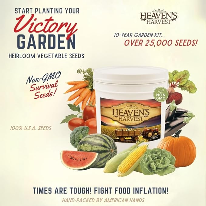 Heaven’s Harvest - 10 Year Survival Or Homestead Garden | 25k+ Heirloom Vegetable Seed Bank Kit | Includes Free Clyde’s Garden Planner &amp Seed Vault Storage Drum | Non-GMO