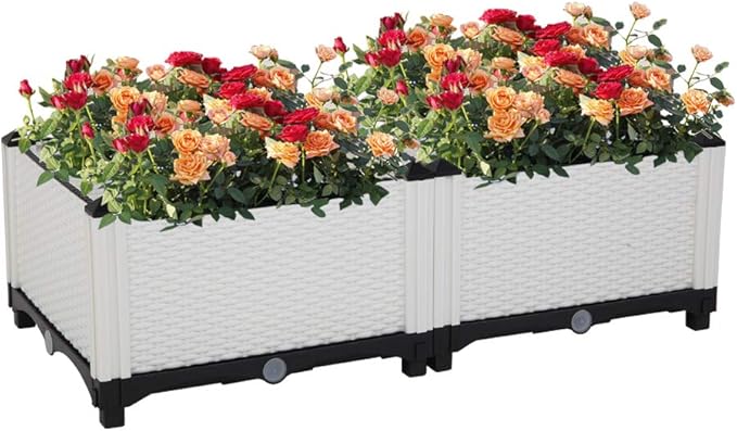 2 Pcs Raised Garden Planter Box BedRaised Indoor Outdoor Flower BedPlastic Elevated Garden Planters BoxVertical Pot Planter Boxeswith Drainage Plugfor Patio Porch Lawn Yard Backyard (White)