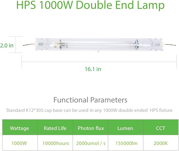 1000W Double Ended HPS Grow Light BulbHigh PAR Enhanced Red and Orange Spectrums CCT 2000K Ultra Bright 155000 Lumens1000W High Pressure Sodium Grow Lamp1000 Watt DE HID Grow Bulb