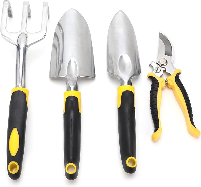 5Pcs Gardening Tool Kit Transplanting Spade Pruner with Cast Aluminium Head Heavy Duty Ergonomic Wood Handle for Planting Flowers Gardening Tool Kit Garden Tool Set Gardening