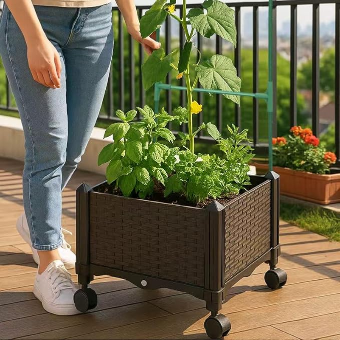 Sherbo Raised Garden Bed Planter Box on Wheels with Trellis Rattan Style Raised Planter Beds for Outdoor Plants Compact Mobile Planter Boxes Outdoor for Patio or Balcony