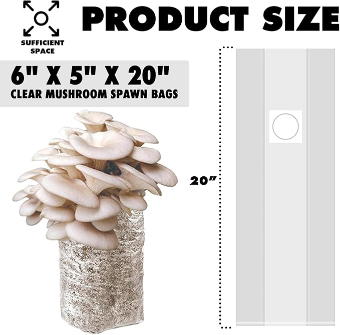 TonGass 60-Pack Autoclavable Mushroom Grow Bags Bulk with Microporous Filter Patchs - Large 6x5x20 Extra Thick 80 Micron (=3 Mil)| Mushroom Cultivation Spawn Supply Myco Bag Bulk Substrate Bags
