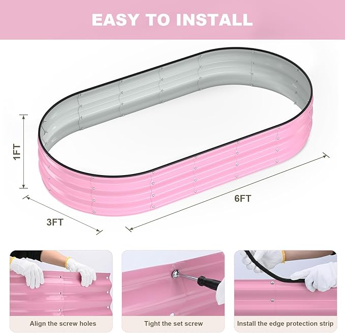Raised Garden Bed 6x3x1ft Galvanized Outdoor Planter Beds with Safety Edging and Gloves Oval Metal Planter Box for Gardening Vegetables Flowers Herb-Blossom Pink