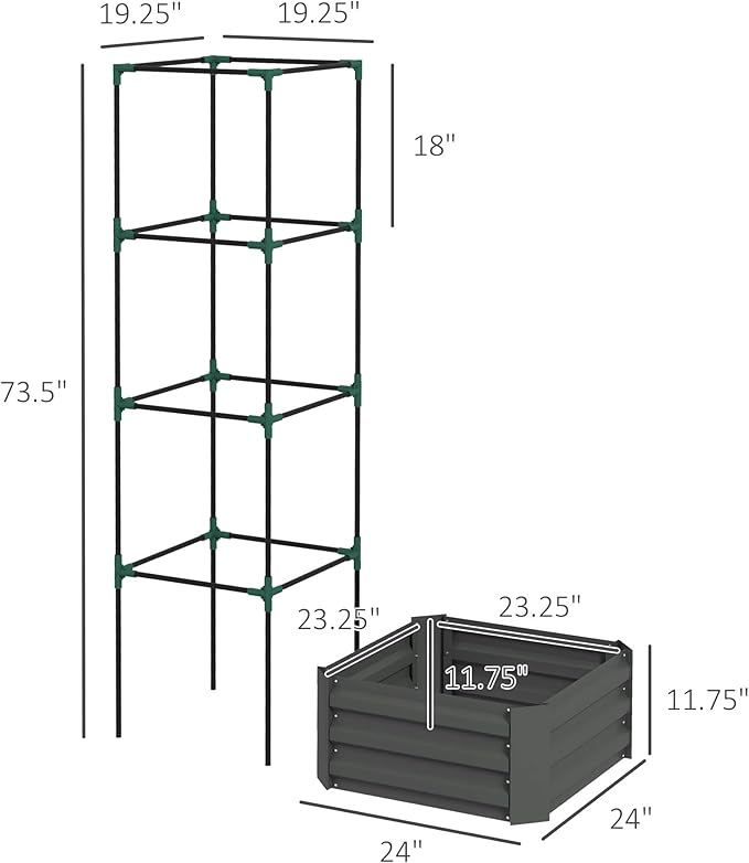 Outsunny Galvanized Raised Garden Bed 73.5 Tall Outdoor Planter Box with Trellis Tomato Cage and Open Bottom for Climbing Vines Vegetables Flowers in Backyard Garden Patio Dark Gray