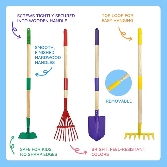 9Pcs Kids Gardening Tools Set - Toys with Shovel Rake Hoe and Leaf Rake for Outdoor Backyard Play STEM Educational Toys Ideal Christmas Birthday Gifts for Toddler Boys &amp Girls Ages 3 4 5