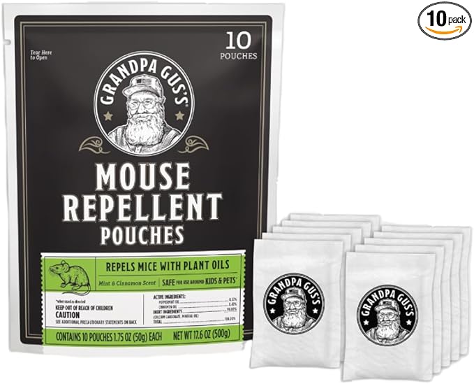 Grandpa Gus’s Extra-Strength Mouse Repellent Pouches Peppermint &amp Cinnamon Oil Natural Rodent Deterrent Control for Garage RV Car Basement Attic Storage 1.75 Oz (Pack of 10)