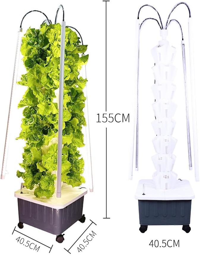 Hydroponics Growing Set with LED Grow Light Hydroponics Growing System Column-Type Water Mist Cultivation Fan-Shaped Water Distribution Design for Fruits(Gray)