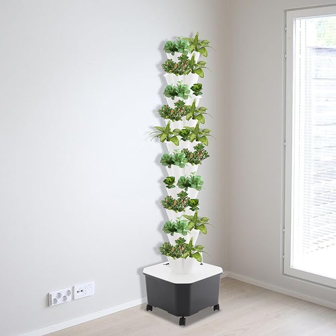 Hydroponic Growing Kit 10 Layer 50 Planting Point Hydroponic Grow Tower 25L Water Tank Capacity Vertical Tower Planter Germination Kit Hydroponics Growing System for Garden Office Balcony