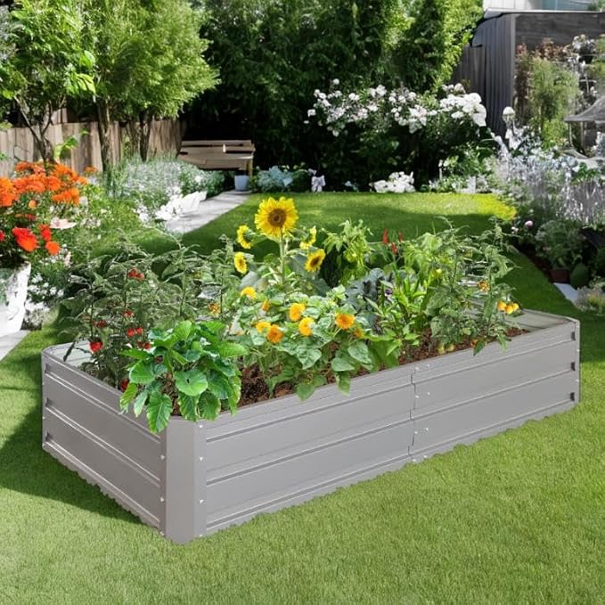 6 x 3 x 1 ft Metal Raised Garden Bed Durable Planter Boxes Outdoor Raised Flower Bed for Vegetables Herbs Flowers Easy to Assemble Spacious Raised Beds for Gardening (Grey)