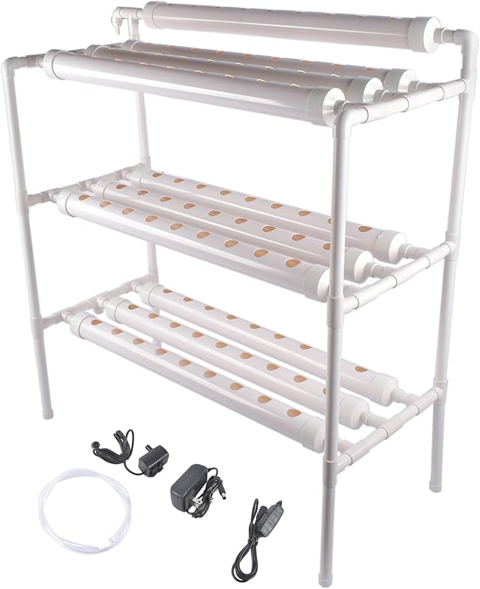 Leafy Vegetables Hydroponic Grow Kit 3 Layer 90 Plant Sites 10 Food-Grade PVC-U Pipes Hydroponics Planting System with Water Pump Pump Timer Nest Basket and Sponge